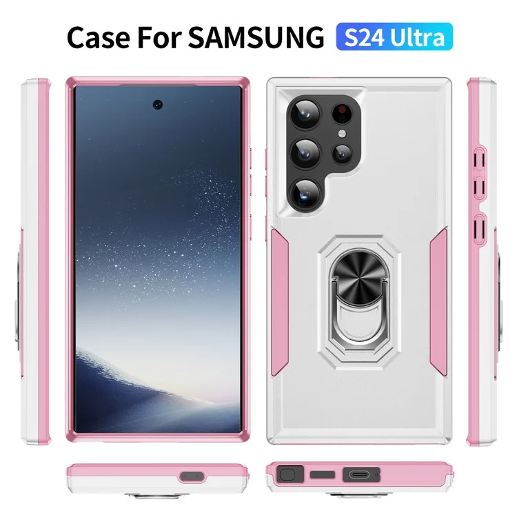 For Samsung Galaxy S24 Ultra Case Military Grade Ring Kickstand PC + TPU Phone Cover - White + Pink