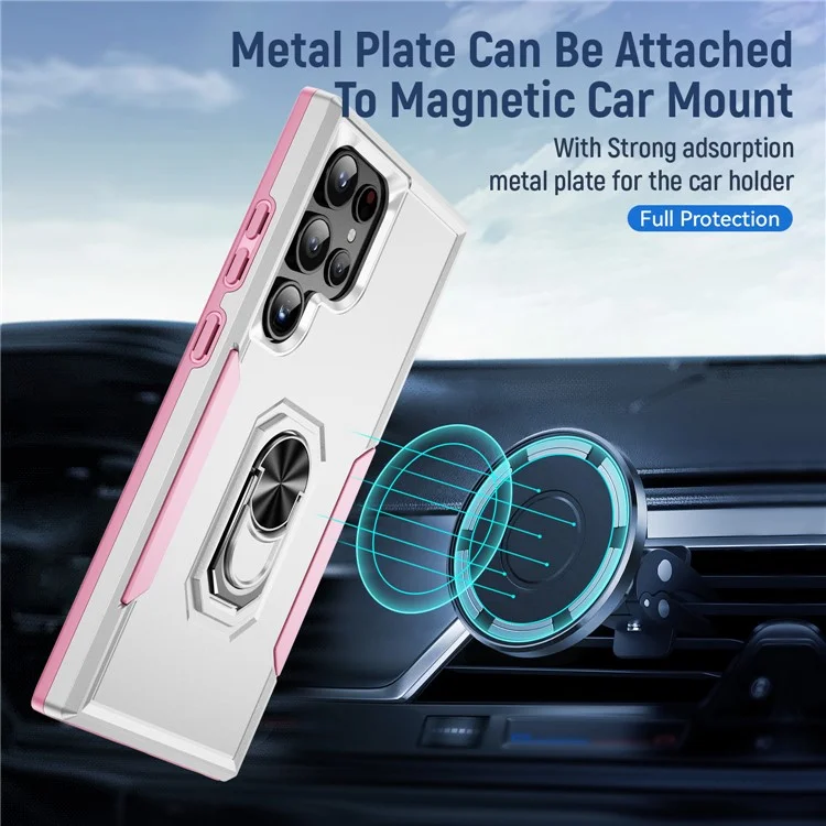For Samsung Galaxy S24 Ultra Case Military Grade Ring Kickstand PC + TPU Phone Cover - White + Pink