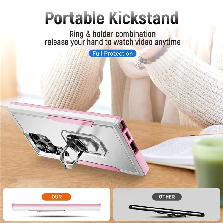 For Samsung Galaxy S24 Ultra Case Military Grade Ring Kickstand PC + TPU Phone Cover - White + Pink