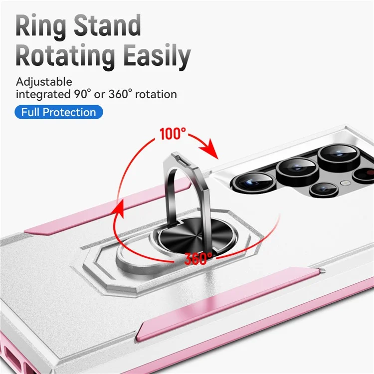 For Samsung Galaxy S24 Ultra Case Military Grade Ring Kickstand PC + TPU Phone Cover - White + Pink
