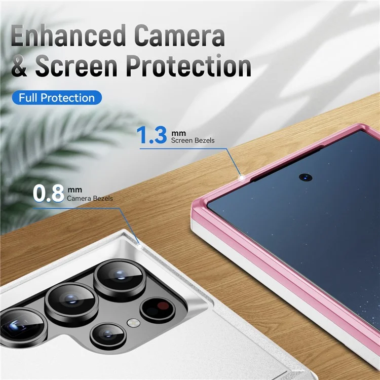 For Samsung Galaxy S24 Ultra Case Military Grade Ring Kickstand PC + TPU Phone Cover - White + Pink