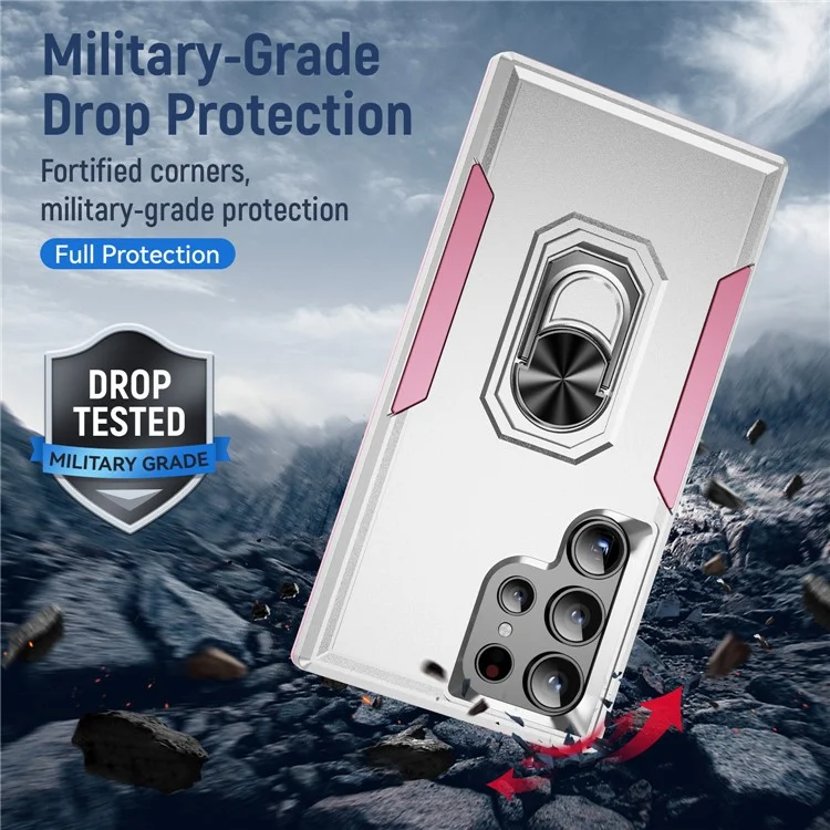 For Samsung Galaxy S24 Ultra Case Military Grade Ring Kickstand PC + TPU Phone Cover - White + Pink