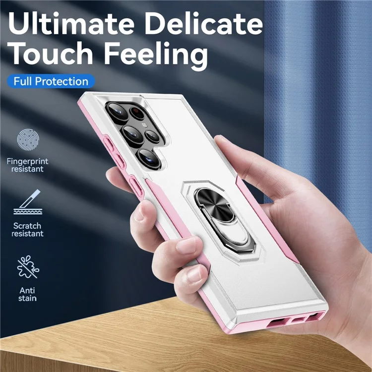 For Samsung Galaxy S24 Ultra Case Military Grade Ring Kickstand PC + TPU Phone Cover - White + Pink