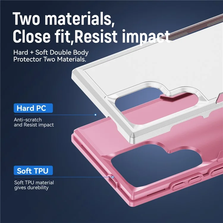 For Samsung Galaxy S24 Ultra Case Military Grade Ring Kickstand PC + TPU Phone Cover - White + Pink