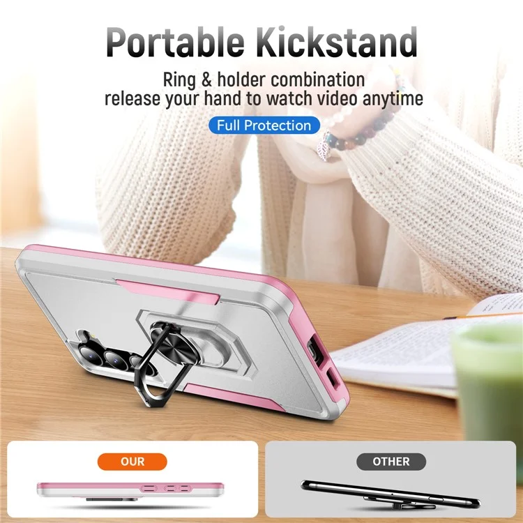 Für Samsung Galaxy S25 / S24 Hülle Militärstandard Ring Ständer PC + TPU Handyhülle - Weiß + Pink