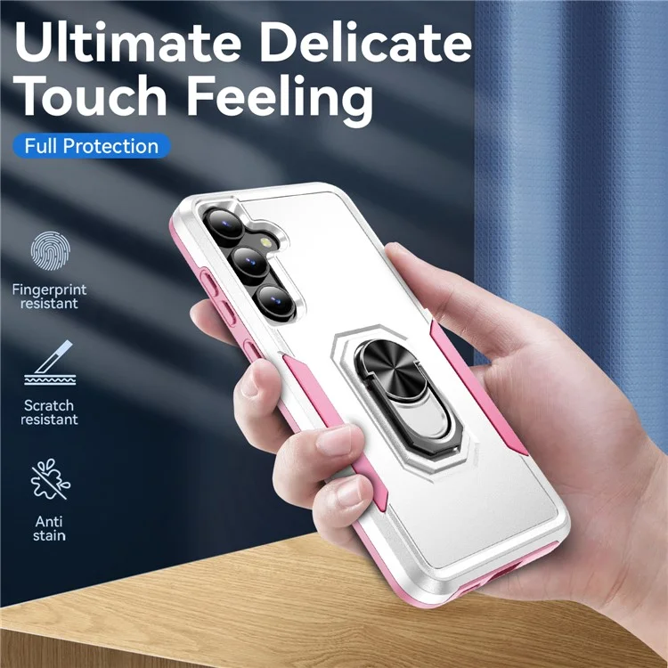 Für Samsung Galaxy S25 / S24 Hülle Militärstandard Ring Ständer PC + TPU Handyhülle - Weiß + Pink