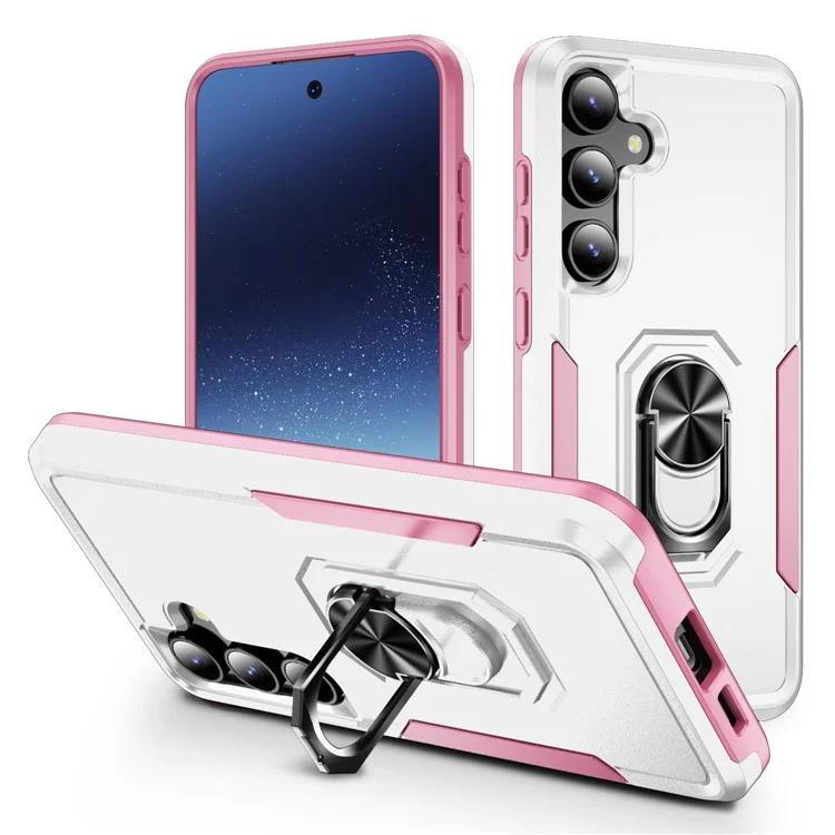 Für Samsung Galaxy S25+ / S24+ Hülle Militärstandard Ring Ständer PC + TPU Handyhülle - Weiß + Rosa