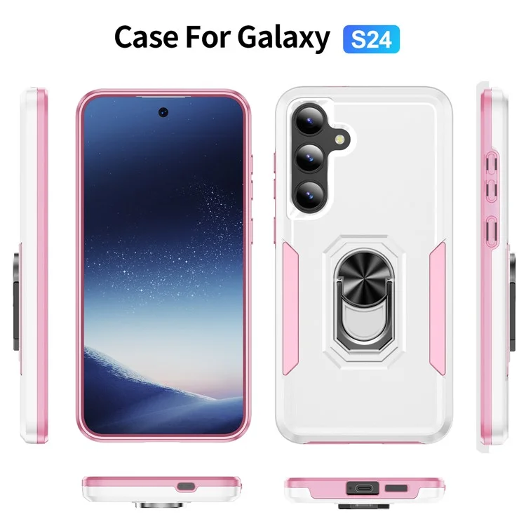 Für Samsung Galaxy S25+ / S24+ Hülle Militärstandard Ring Ständer PC + TPU Handyhülle - Weiß + Rosa