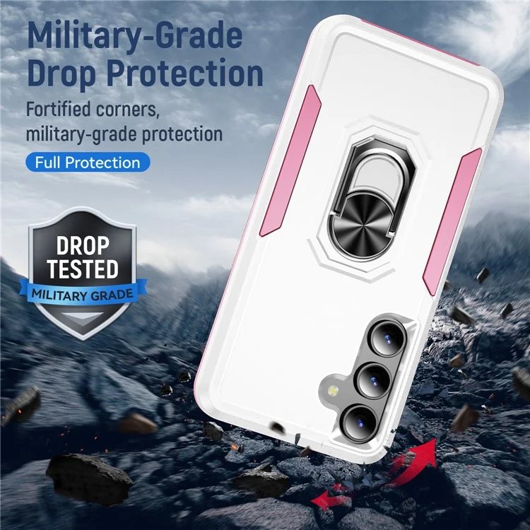 Für Samsung Galaxy S25+ / S24+ Hülle Militärstandard Ring Ständer PC + TPU Handyhülle - Weiß + Rosa