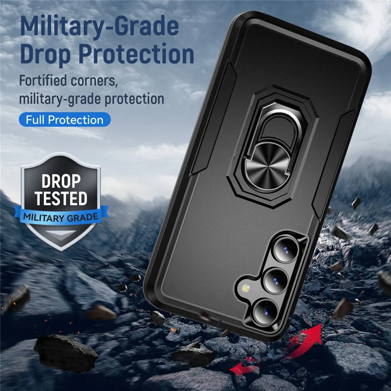 For Samsung Galaxy S25+ / S24+ Case Military Grade Ring Kickstand PC + TPU Phone Cover - Black