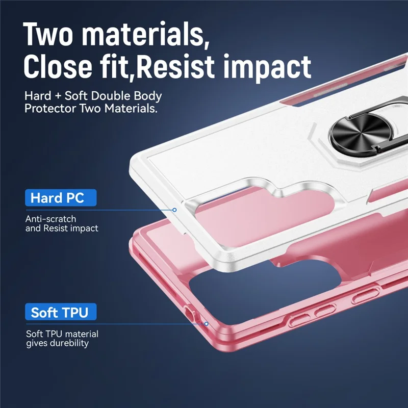 For Samsung Galaxy S25 Ultra Case Military Grade Ring Kickstand PC+TPU Phone Cover - White+Pink