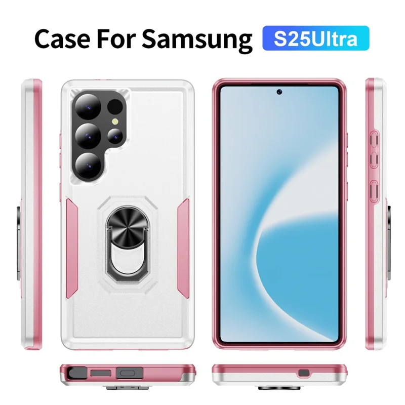 For Samsung Galaxy S25 Ultra Case Military Grade Ring Kickstand PC+TPU Phone Cover - White+Pink