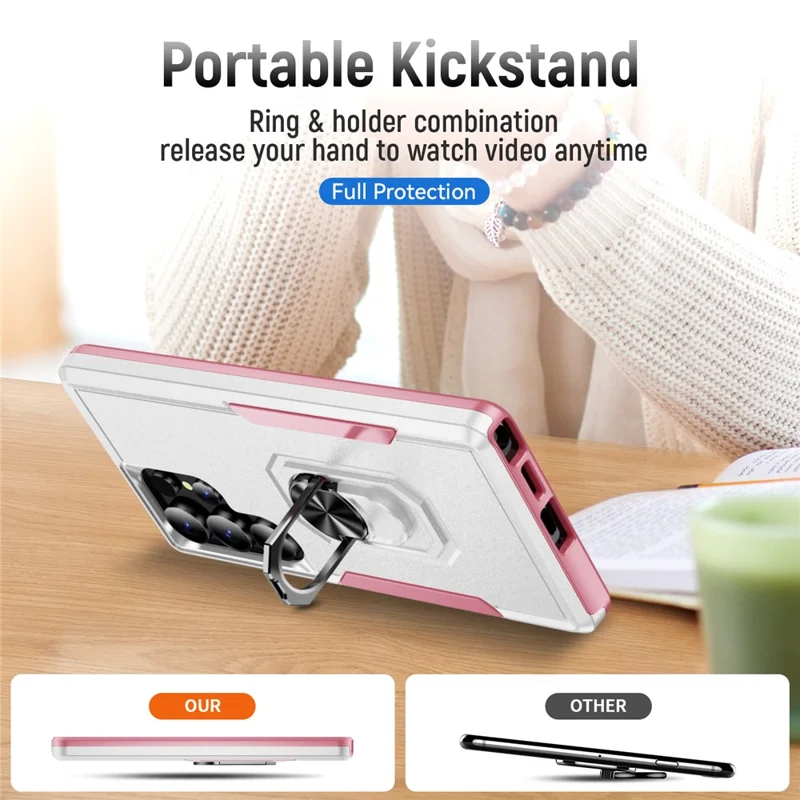 For Samsung Galaxy S25 Ultra Case Military Grade Ring Kickstand PC+TPU Phone Cover - White+Pink