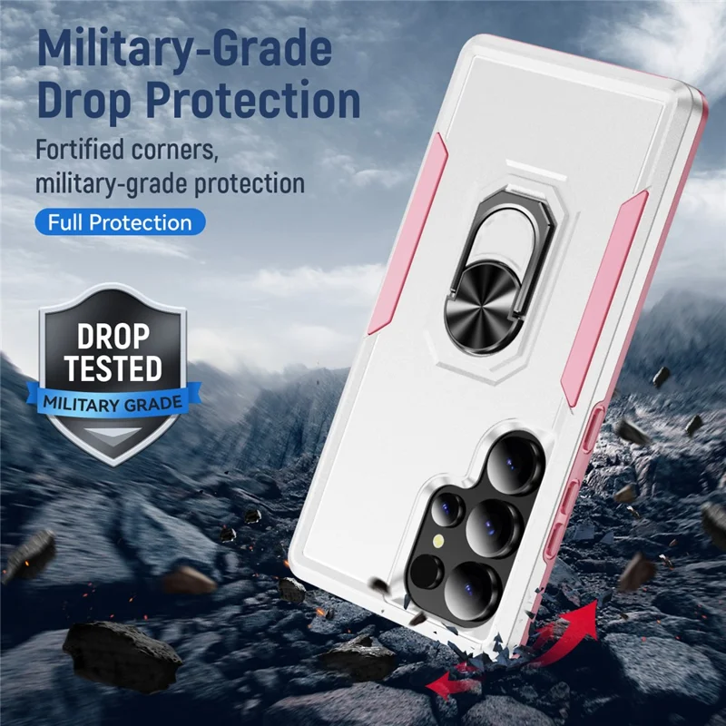 For Samsung Galaxy S25 Ultra Case Military Grade Ring Kickstand PC+TPU Phone Cover - White+Pink