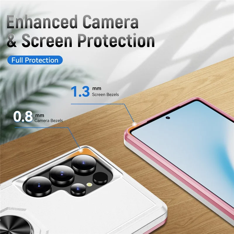 For Samsung Galaxy S25 Ultra Case Military Grade Ring Kickstand PC+TPU Phone Cover - White+Pink