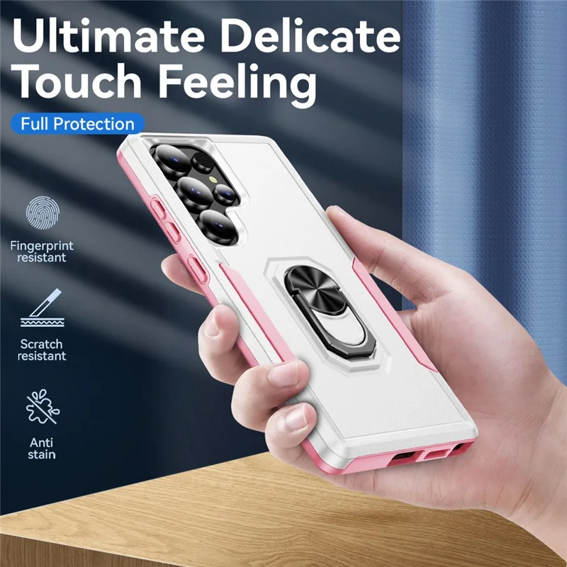 For Samsung Galaxy S25 Ultra Case Military Grade Ring Kickstand PC+TPU Phone Cover - White+Pink