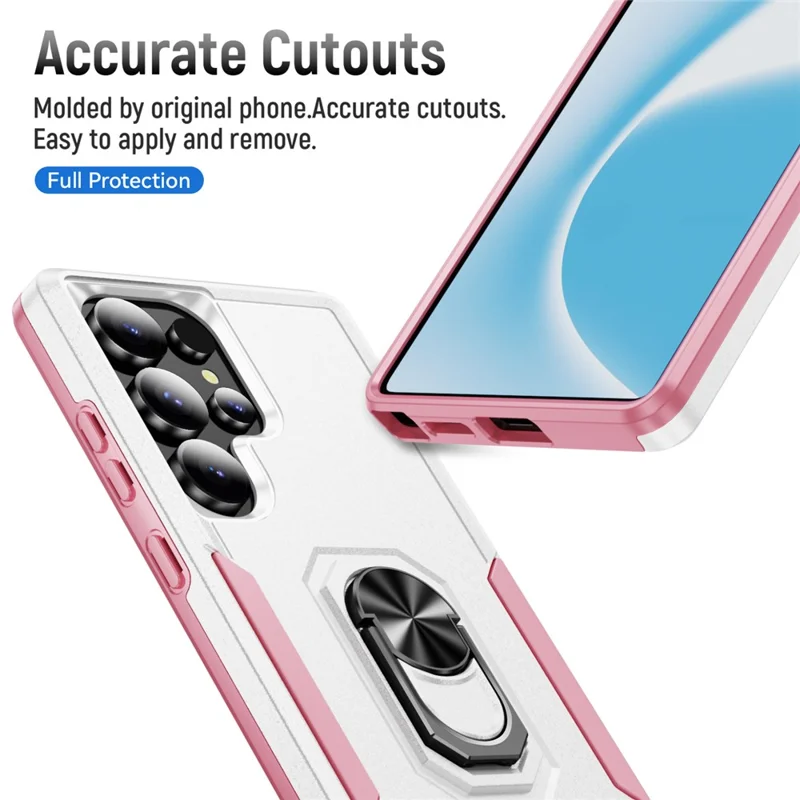 For Samsung Galaxy S25 Ultra Case Military Grade Ring Kickstand PC+TPU Phone Cover - White+Pink