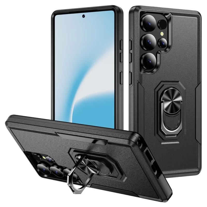 For Samsung Galaxy S25 Ultra Case Military Grade Ring Kickstand PC+TPU Phone Cover - Black