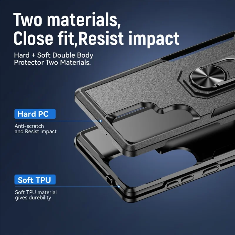 For Samsung Galaxy S25 Ultra Case Military Grade Ring Kickstand PC+TPU Phone Cover - Black