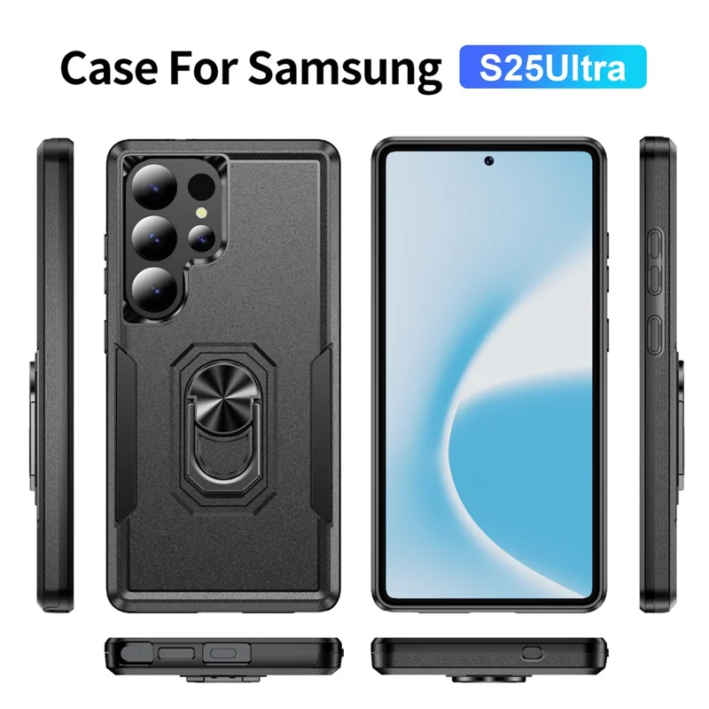 For Samsung Galaxy S25 Ultra Case Military Grade Ring Kickstand PC+TPU Phone Cover - Black