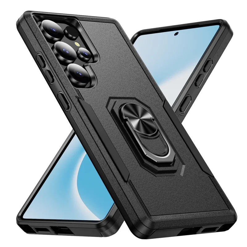 For Samsung Galaxy S25 Ultra Case Military Grade Ring Kickstand PC+TPU Phone Cover - Black