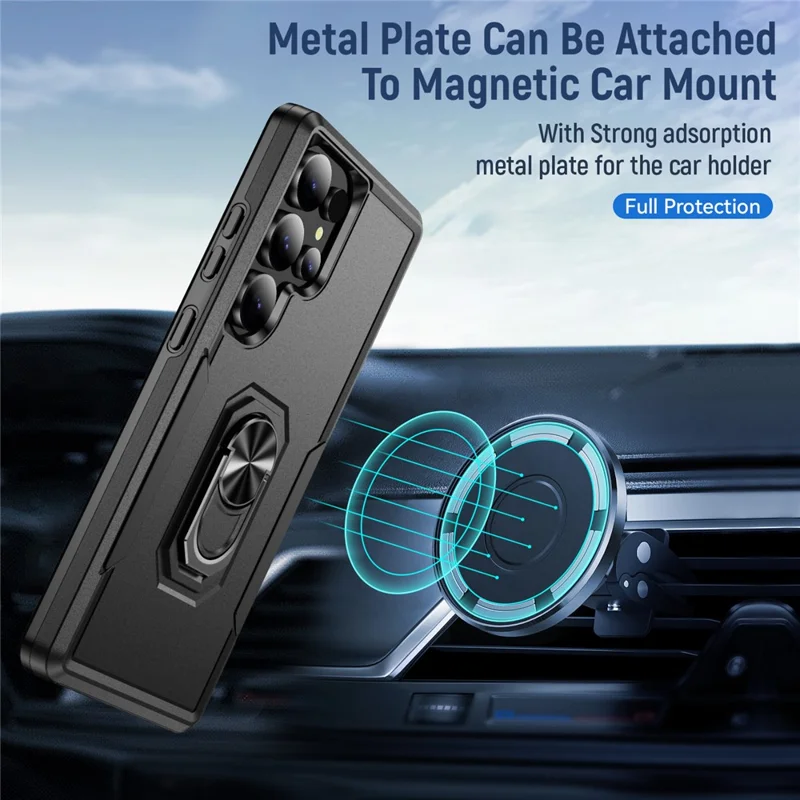 For Samsung Galaxy S25 Ultra Case Military Grade Ring Kickstand PC+TPU Phone Cover - Black