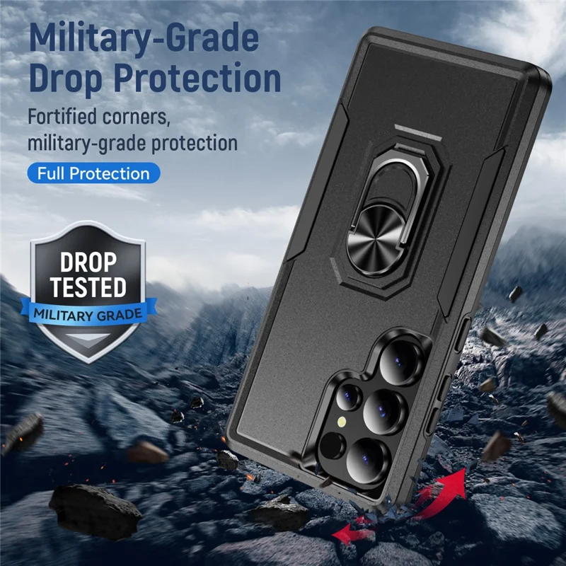 For Samsung Galaxy S25 Ultra Case Military Grade Ring Kickstand PC+TPU Phone Cover - Black