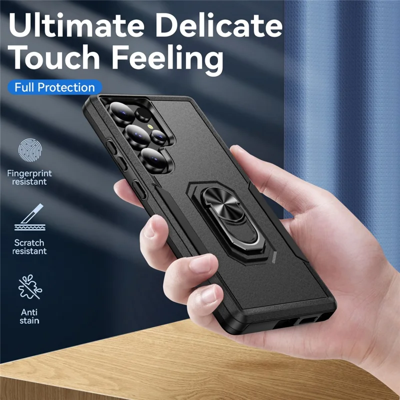 For Samsung Galaxy S25 Ultra Case Military Grade Ring Kickstand PC+TPU Phone Cover - Black