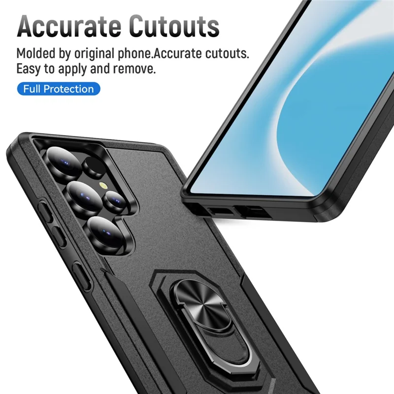For Samsung Galaxy S25 Ultra Case Military Grade Ring Kickstand PC+TPU Phone Cover - Black