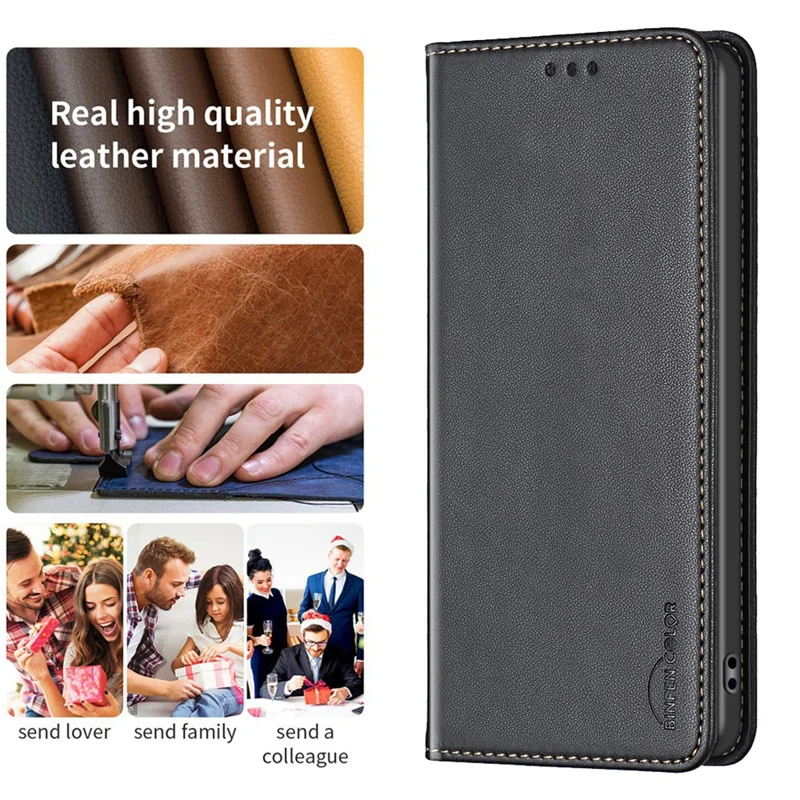 BINFEN COLOR BF18 For Samsung Galaxy S25 Edge Leather Case Card Slots Phone Cover - Black - 8