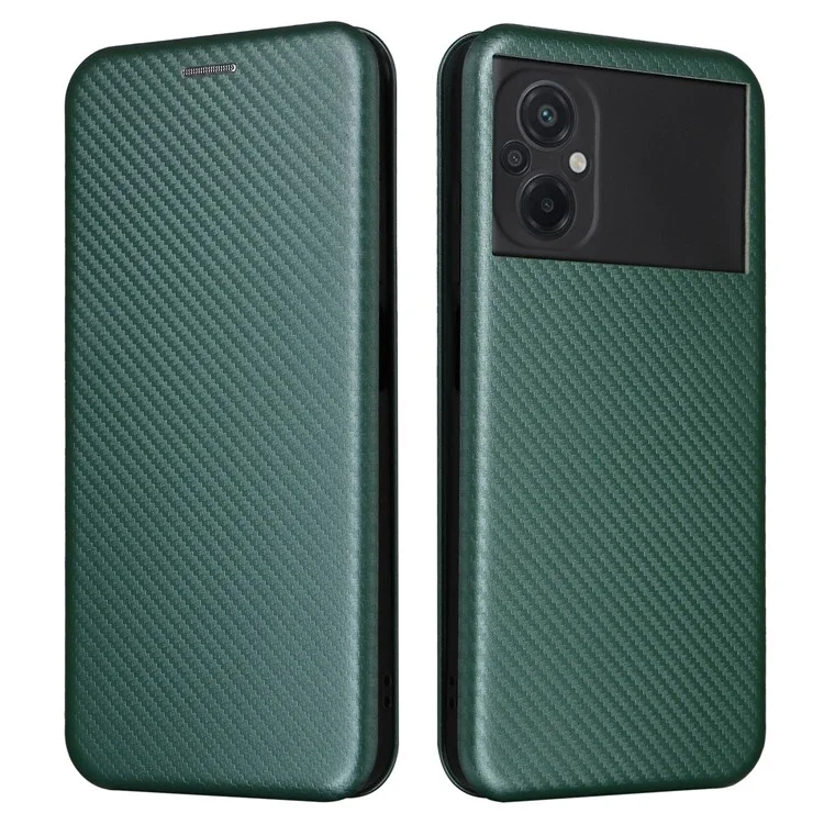For Xiaomi Poco M5 4G Anti-fading PU Leather Magnetic Carbon Fiber Texture Phone Case Stand Card Slot Phone Cover - Green