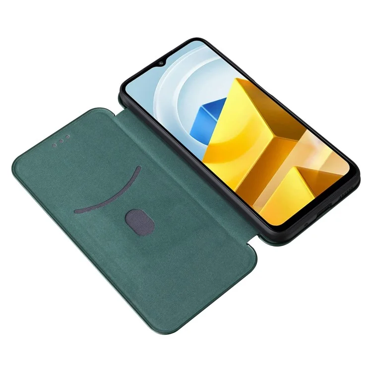 For Xiaomi Poco M5 4G Anti-fading PU Leather Magnetic Carbon Fiber Texture Phone Case Stand Card Slot Phone Cover - Green