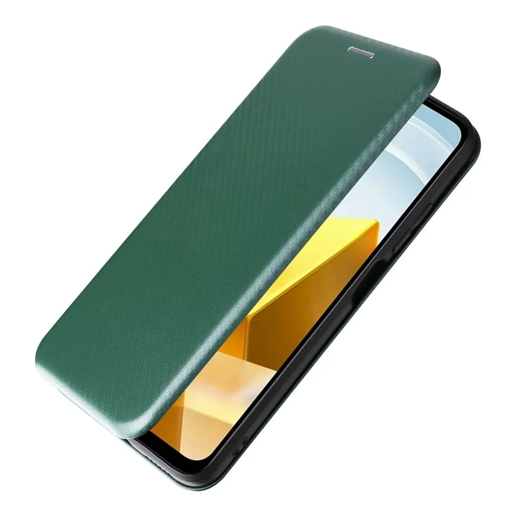 For Xiaomi Poco M5 4G Anti-fading PU Leather Magnetic Carbon Fiber Texture Phone Case Stand Card Slot Phone Cover - Green