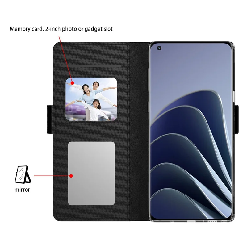 For OnePlus 13 Case Stand PU Leather Phone Cover Card Holder Mirror - Black