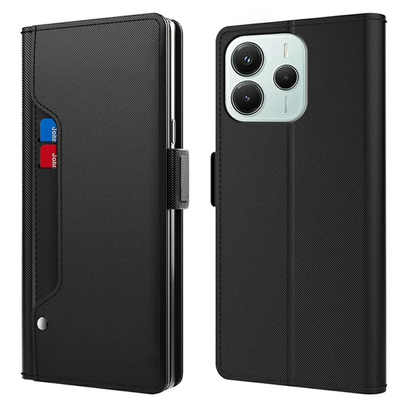 For Xiaomi Redmi Note 14 4G (163.25mm) Case Stand PU Leather Phone Cover Card Holder Mirror - Black