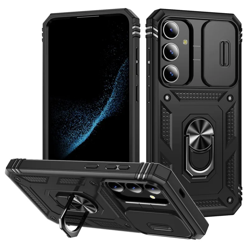 For Samsung Galaxy S25 Case TPU+PC Slide Camshield Kickstand Phone Cover - Black