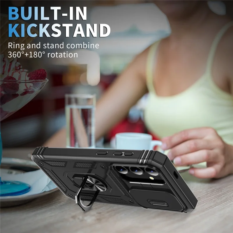 For Samsung Galaxy S25 Case TPU+PC Slide Camshield Kickstand Phone Cover - Black