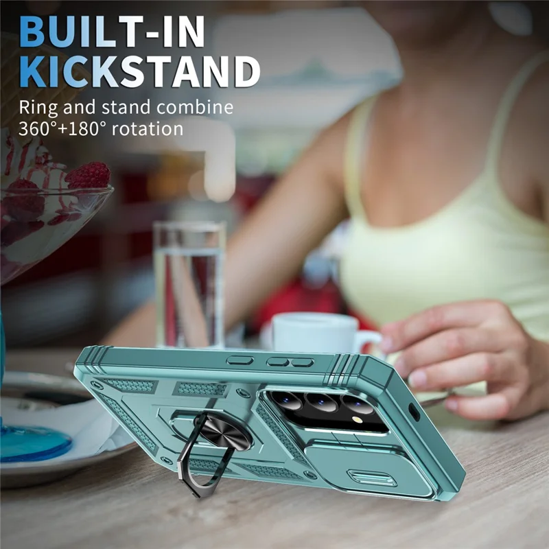 For Samsung Galaxy S25 Case TPU+PC Slide Camshield Kickstand Phone Cover - Green