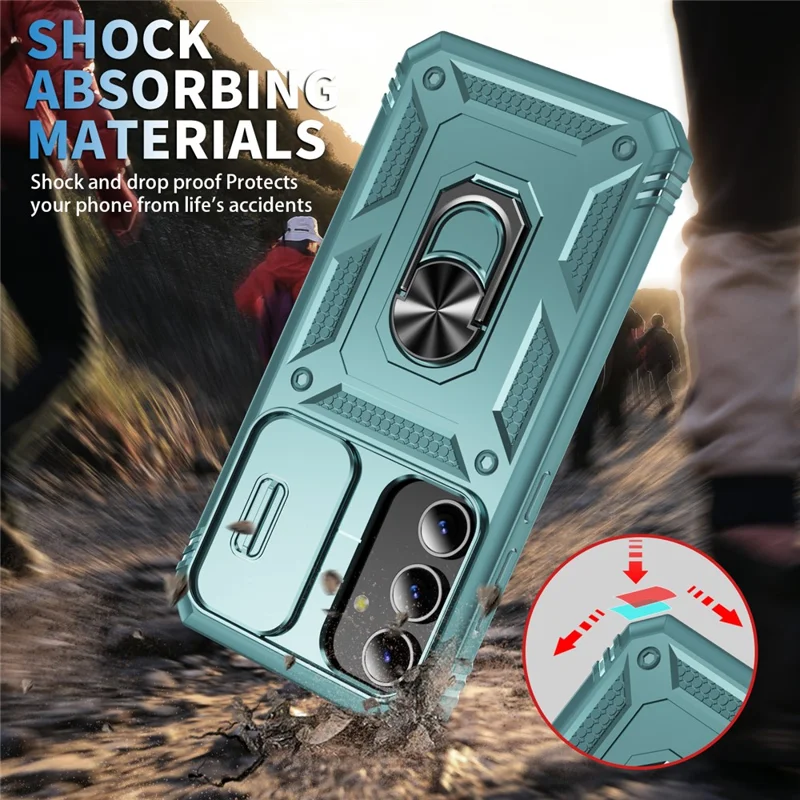 For Samsung Galaxy S25 Case TPU+PC Slide Camshield Kickstand Phone Cover - Green
