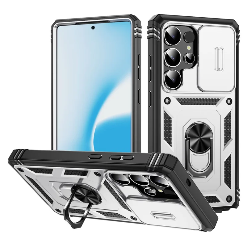 For Samsung Galaxy S25 Ultra Case TPU+PC Slide Camshield Kickstand Phone Cover - White