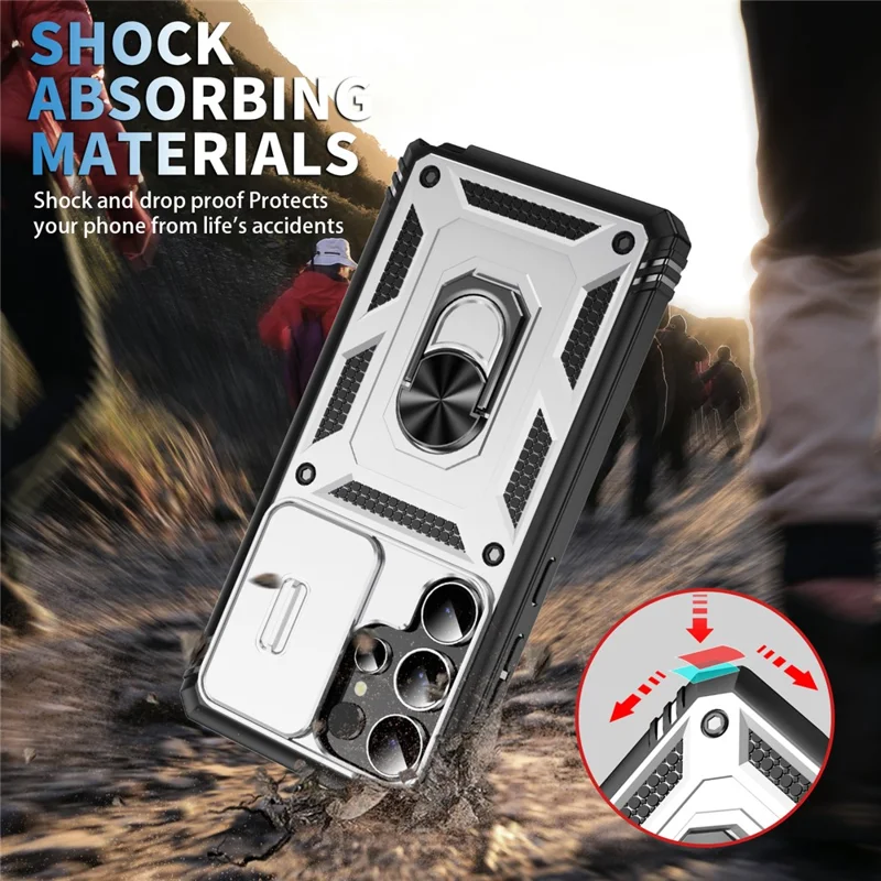 For Samsung Galaxy S25 Ultra Case TPU+PC Slide Camshield Kickstand Phone Cover - White