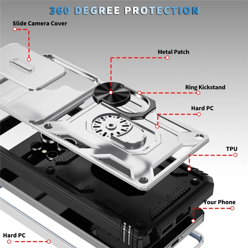 For Samsung Galaxy S25 Ultra Case TPU+PC Slide Camshield Kickstand Phone Cover - White