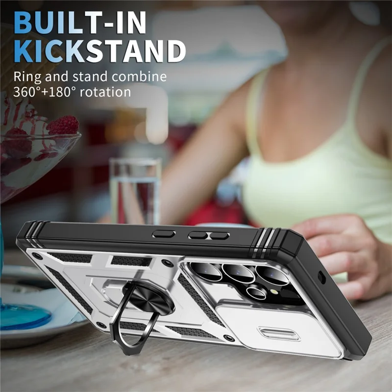 For Samsung Galaxy S25 Ultra Case TPU+PC Slide Camshield Kickstand Phone Cover - White