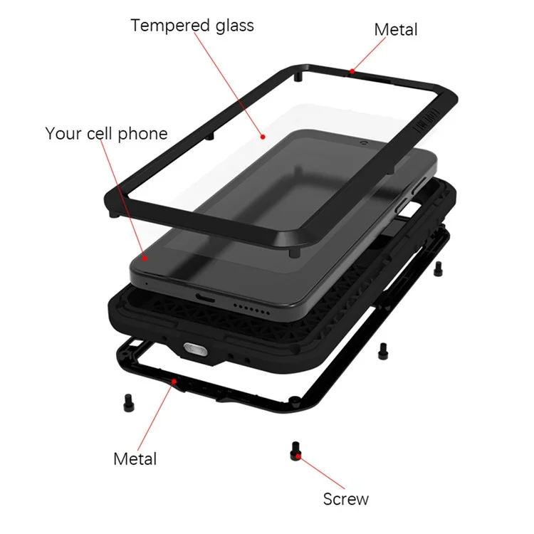 LOVE MEI For Huawei Mate 70 Case Tempered Glass Screen Protector Metal + Silicone Phone Cover - Black