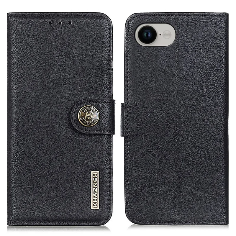 KHAZNEH For iPhone 16e Wallet Case Cowhide Texture Leather Flip Phone Cover - Black