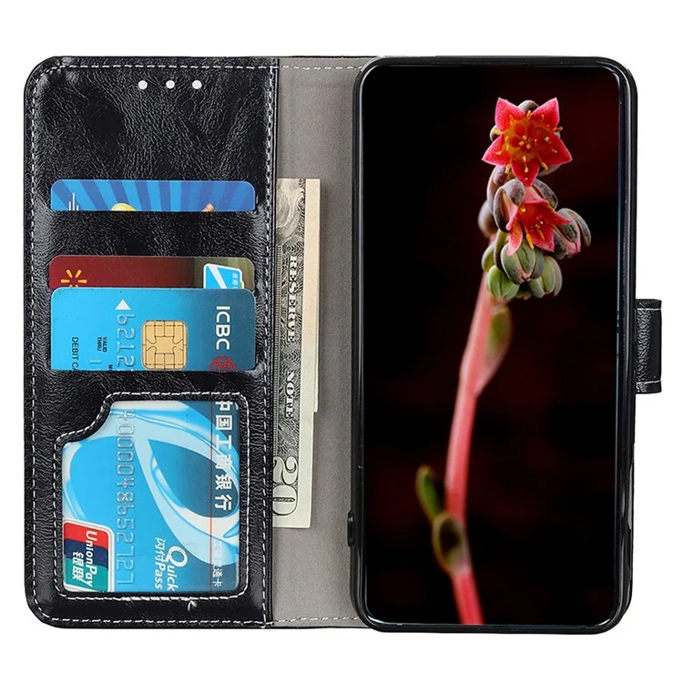 For iPhone 16e Case Wallet Leather Phone Cover Crazy Horse Texture - Black