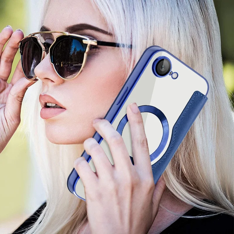 For iPhone 17e / 16e Case Compatible with MagSafe RFID Blocking Leather Phone Cover - Sapphire