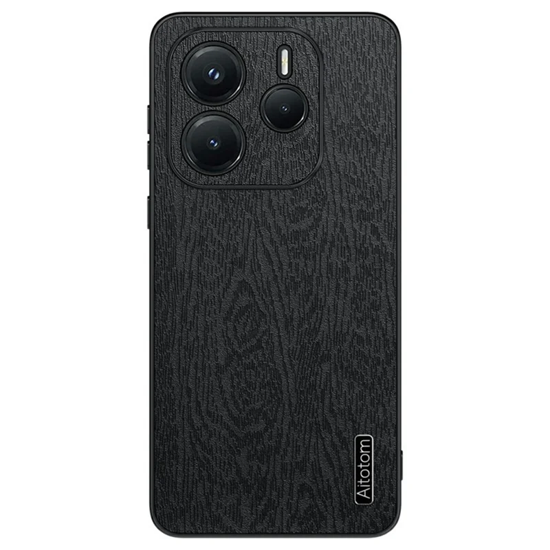 For Xiaomi Redmi Note 14 5G Case Wood Texture PU Leather Coated PC TPU Phone Cover - Black