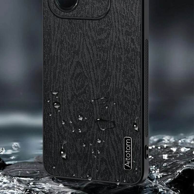 For Xiaomi Redmi Note 14 5G Case Wood Texture PU Leather Coated PC TPU Phone Cover - Black