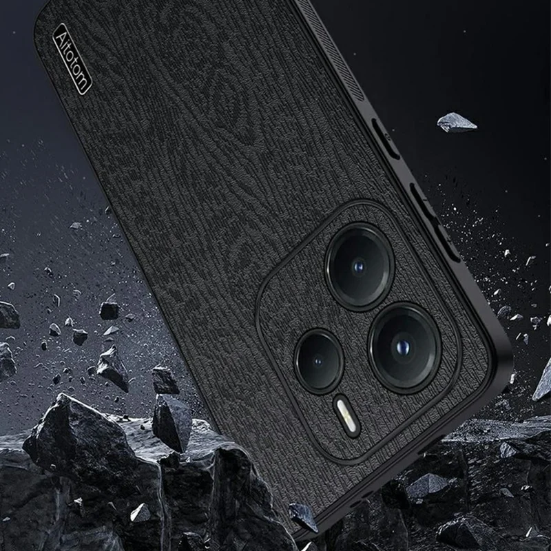 For Xiaomi Redmi Note 14 5G Case Wood Texture PU Leather Coated PC TPU Phone Cover - Black